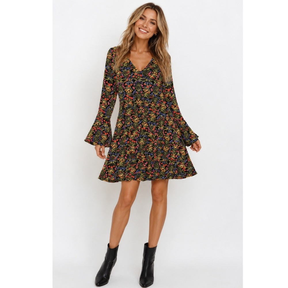 Old Navy Womens 16 Floral Bell Sleeve V-Neck Mini Dress Boho Retro Whimsigoth